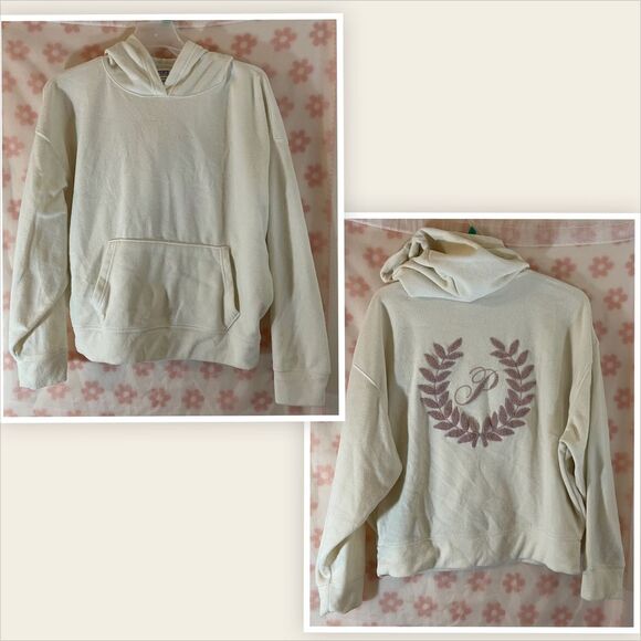 PINK Cream Monogram Hoodie‎ Laurel Wreath Design Casual Pullover Sweatshirt - Picture 1 of 4